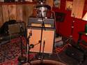 Mics on the 50 watt plexi.  For the sake of the vintage 25 watt greenbacks in this old cab I'm resisting the urge to use the 100 watt Super Lead on this session after throwing a voice coil out of alignment on the "New Imperial" sessions.  